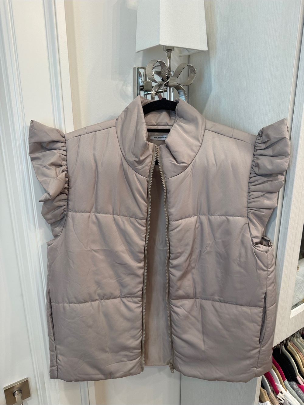 Staccato Taupe Sleeveless Quilted Vest with Ruffle Shoulders